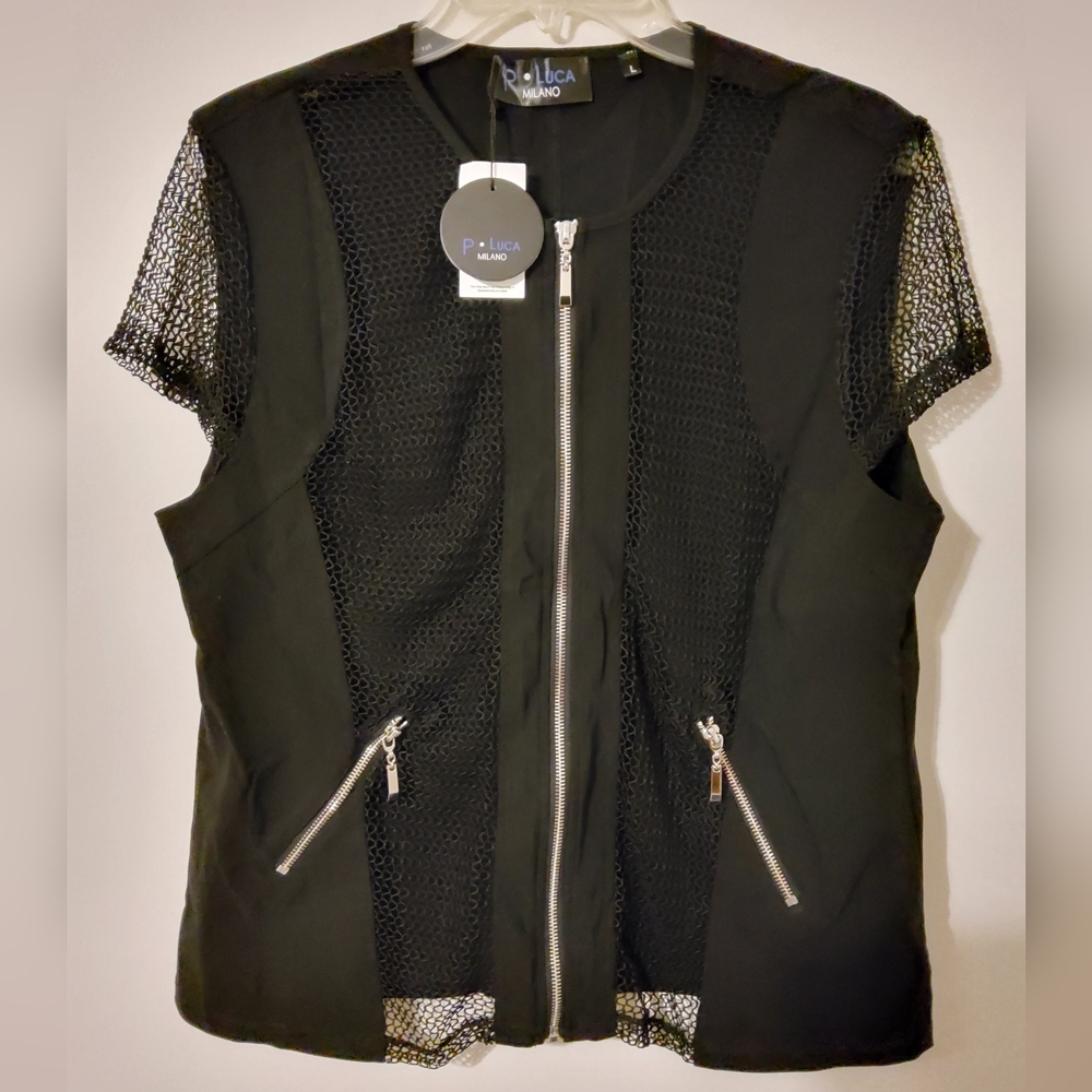 P. Luca Milano Black Top Blouse Short Sleeve Size L